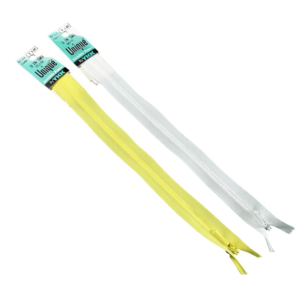 Unique by YKK 9 Inch Invisible Zipper Set White Yellow Art‎ 0309 Made in USA 2pk